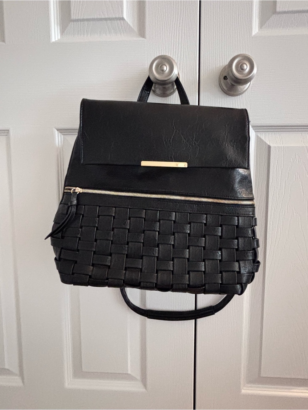 Women’s Black Woven Convertible Backpack Genuine Leather